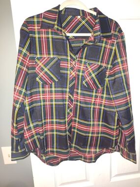 Plaid Button-Up Shirt in Navy with Red & Yellow Accents